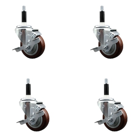 Service Caster 3.5'' SS Maroon Poly Swivel 7/8'' Expanding Stem Caster Set with Brake, 4PK SCC-SSEX20S3514-PPUB-MRN-TLB-78-4